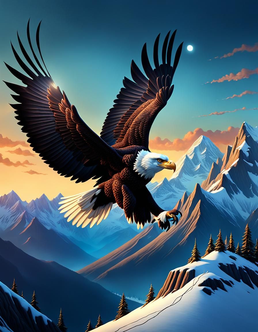 Majestic Eagle Soaring Over Snowy Peaks at Dawn