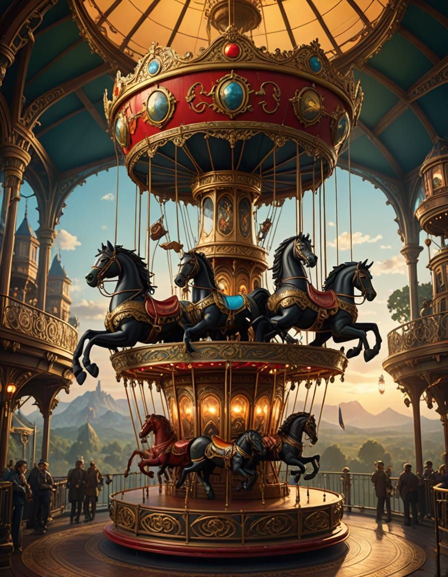 Steampunk Carousel Suspended From Hot Air Balloon
