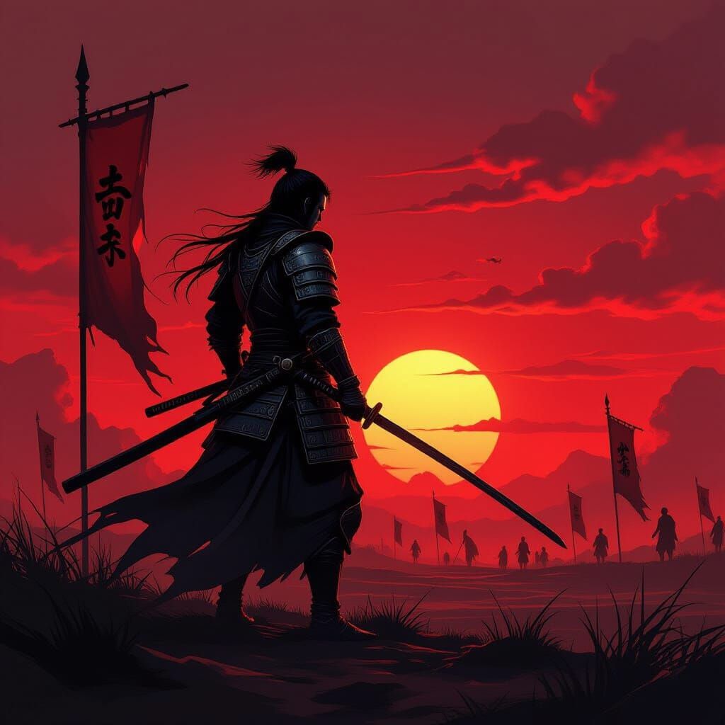 Samurai Warrior at Blood-Red Sunset Battlefield
