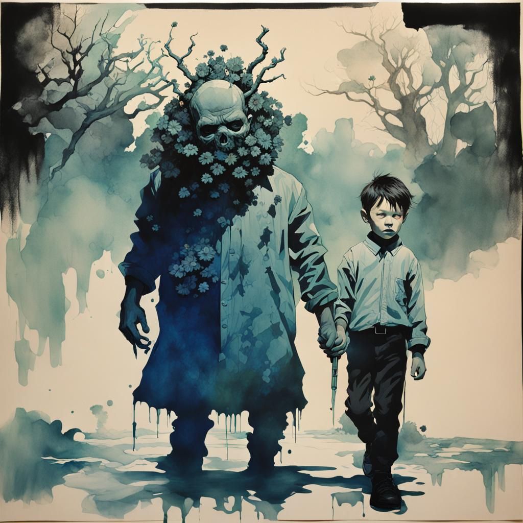 Boy and Monster at School in Watercolor Style