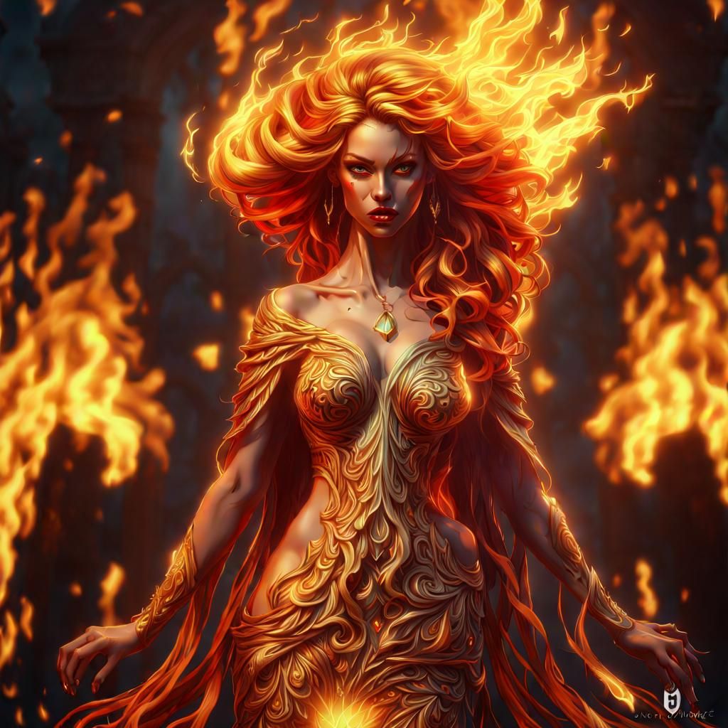 Fiery Goddess with Golden Aura in Hyper-Realistic Style
