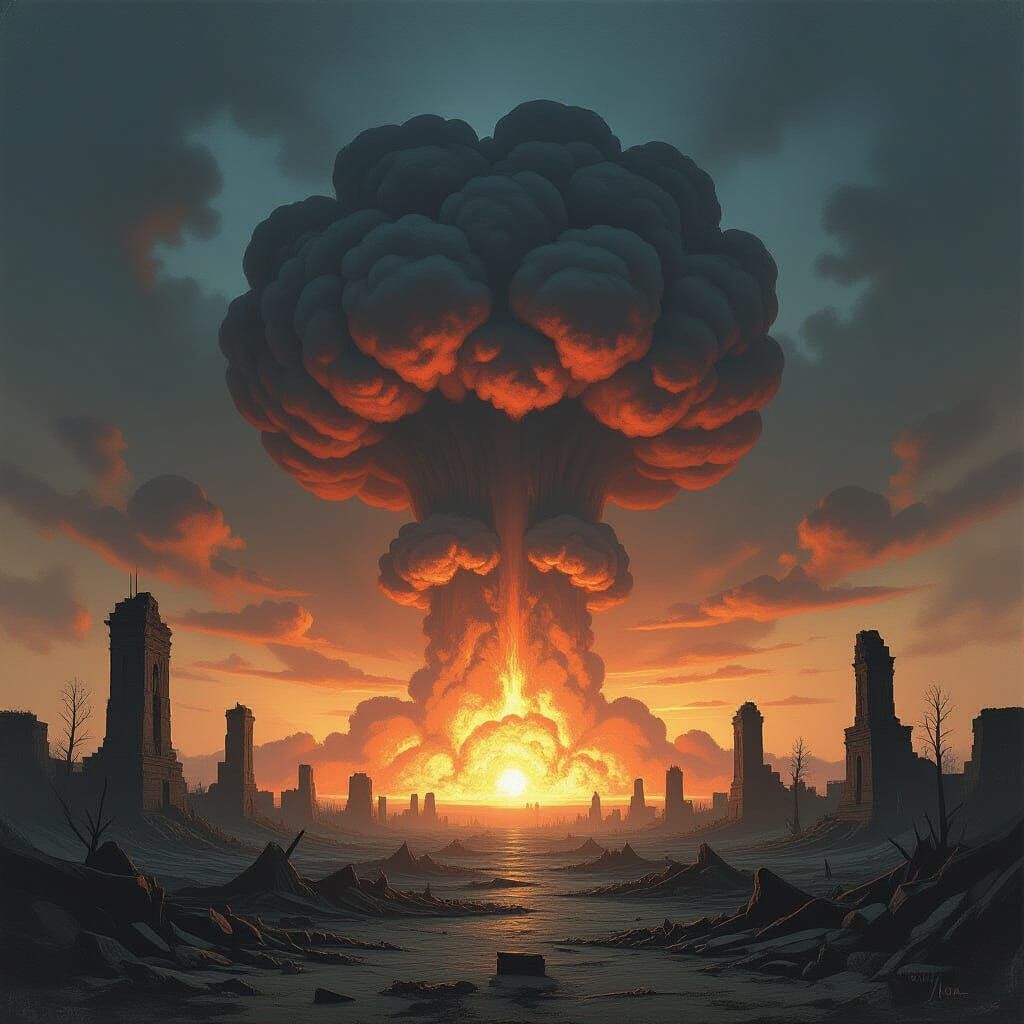 Haunting Mushroom Cloud over Ruins in Dark Surrealist Style