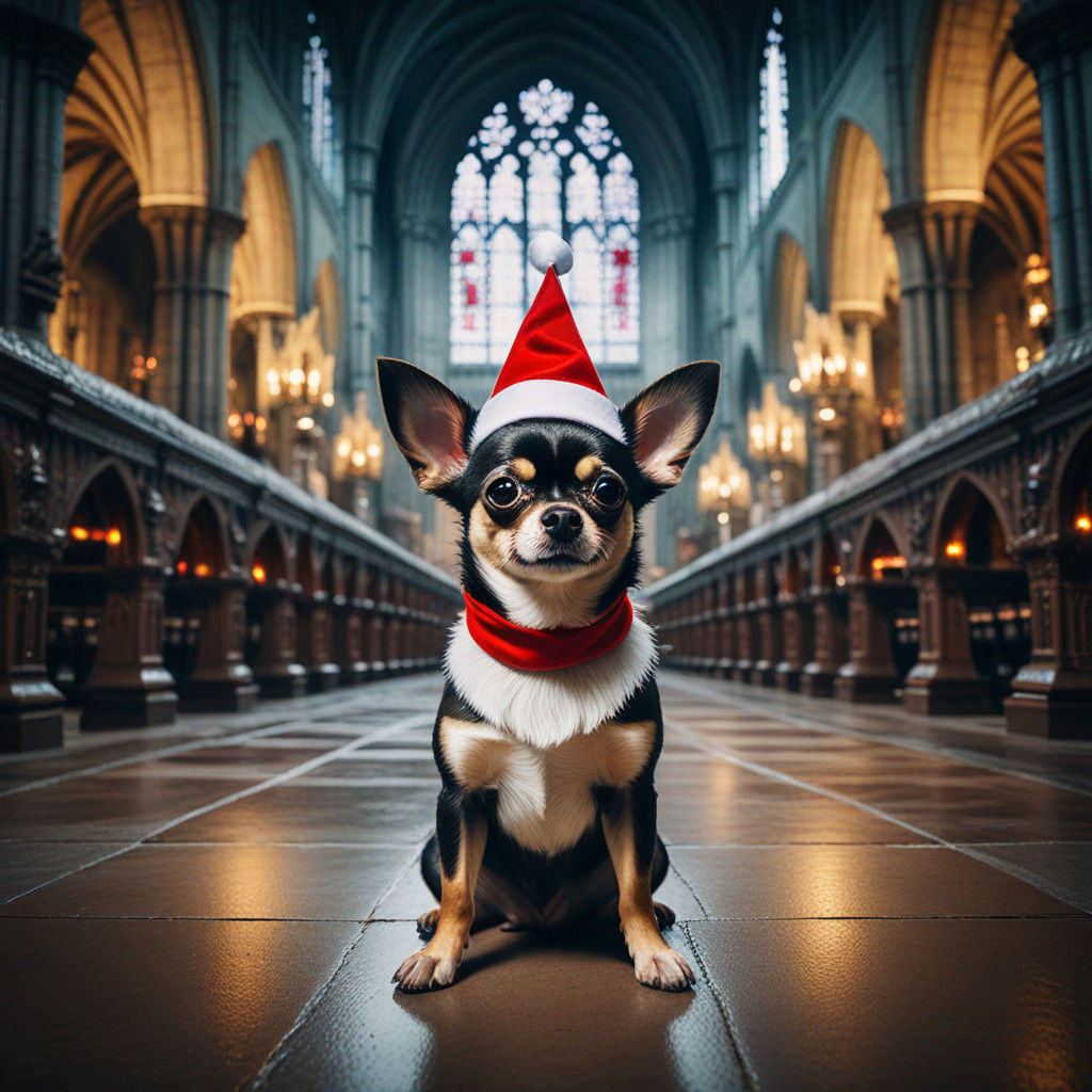 Chihuahua in Gothic Cathedral, Cinematic Film Still