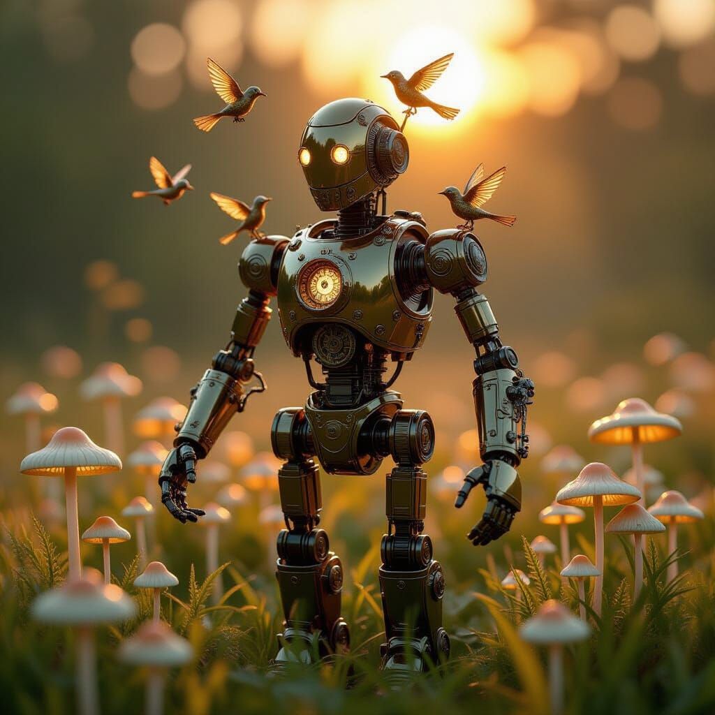 Steampunk Automaton in Bioluminescent Mushroom Field