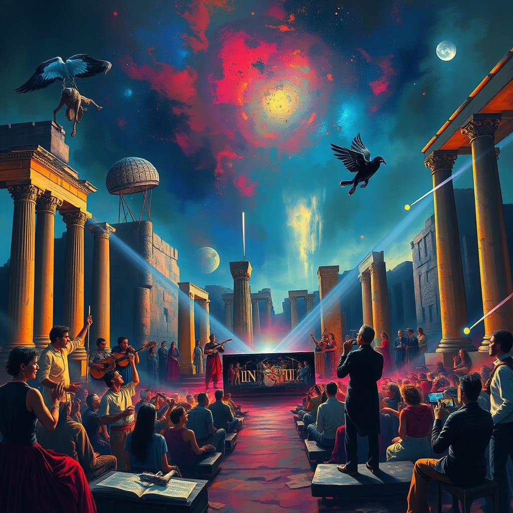 Ethereal Concert in Ancient Pompeii, in Cyberpunk Fantasy Ar...