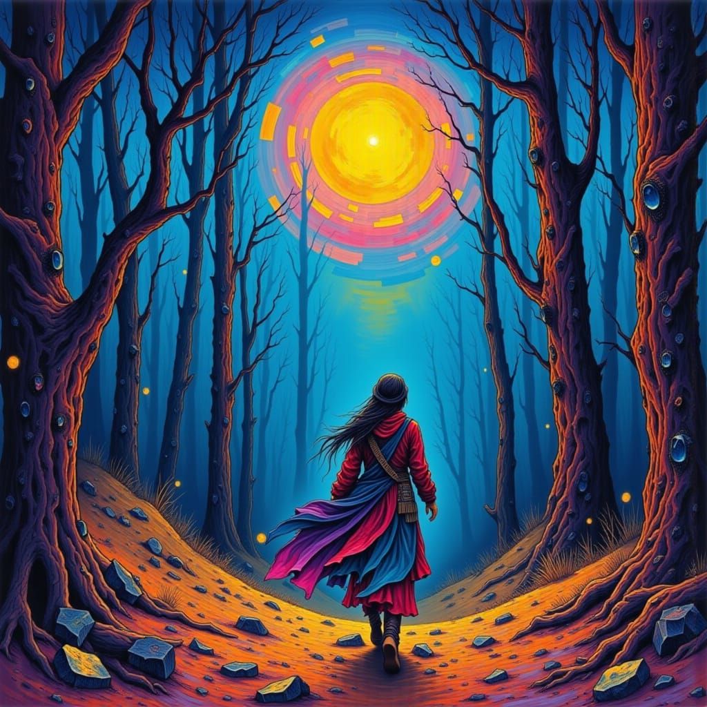 Mystical Gypsy Woman in Moonlit Forest