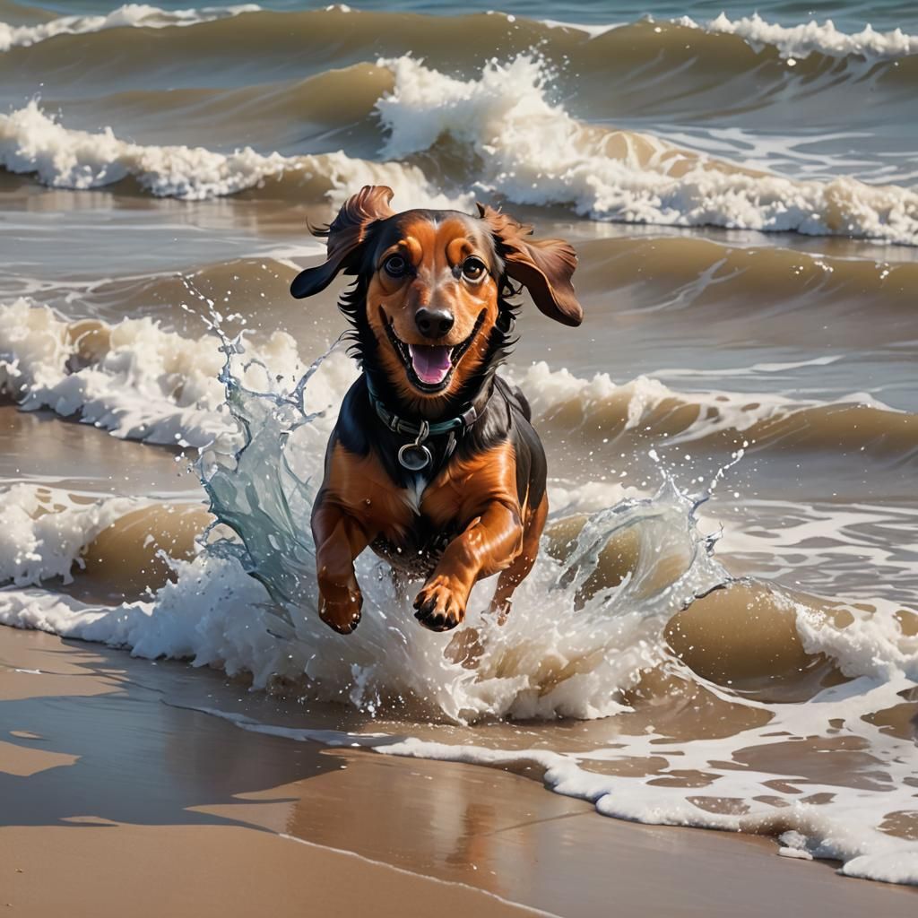 Happy Dachshund Running on Beach: 3D Anime Art