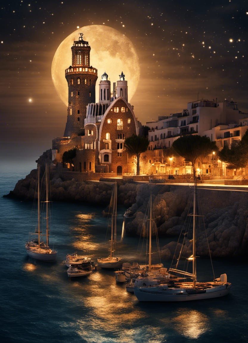 Gaudí Lighthouse on Mediterranean Coast at Night