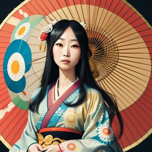 Geisha in Kimono Under Umbrella, Murakami Style