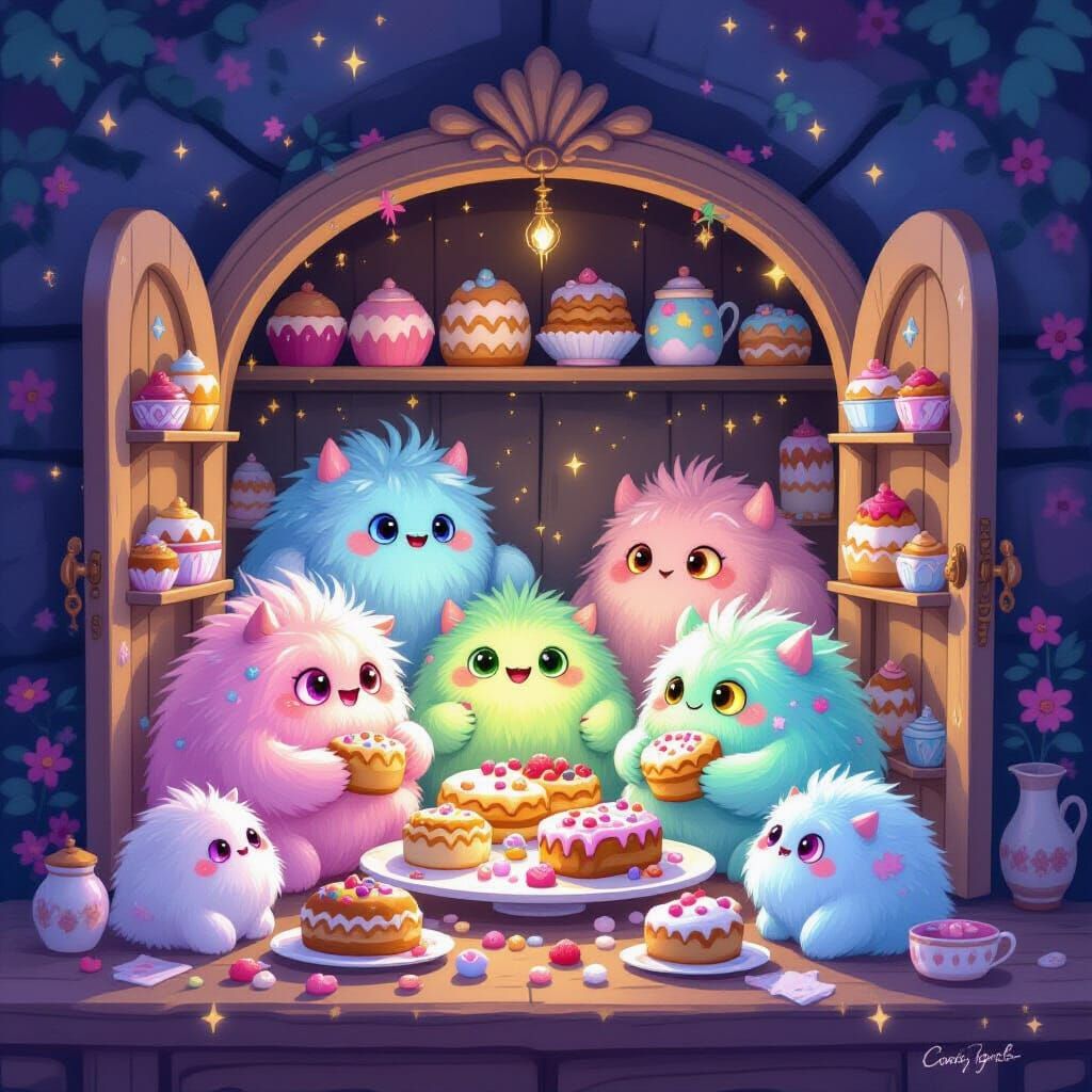 Enchanted Pastry Cupboard with Fluffy Monsters