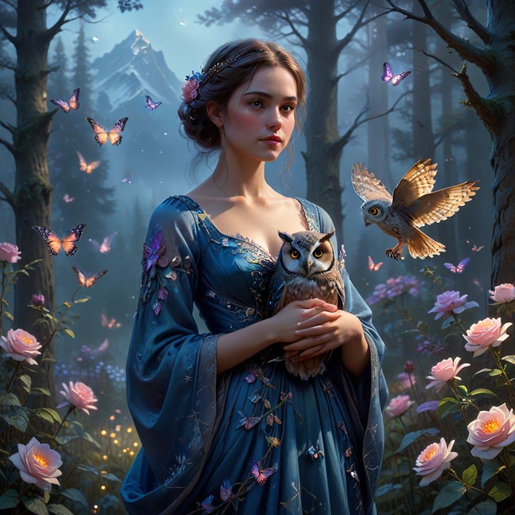 Woman with Owl and Butterflies in Enchanted Forest