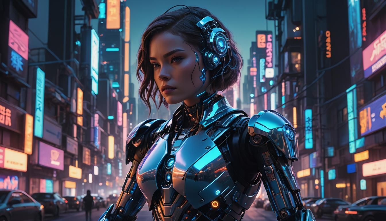 Cyborg Woman with Weapon in Retrofuturism Cityscape