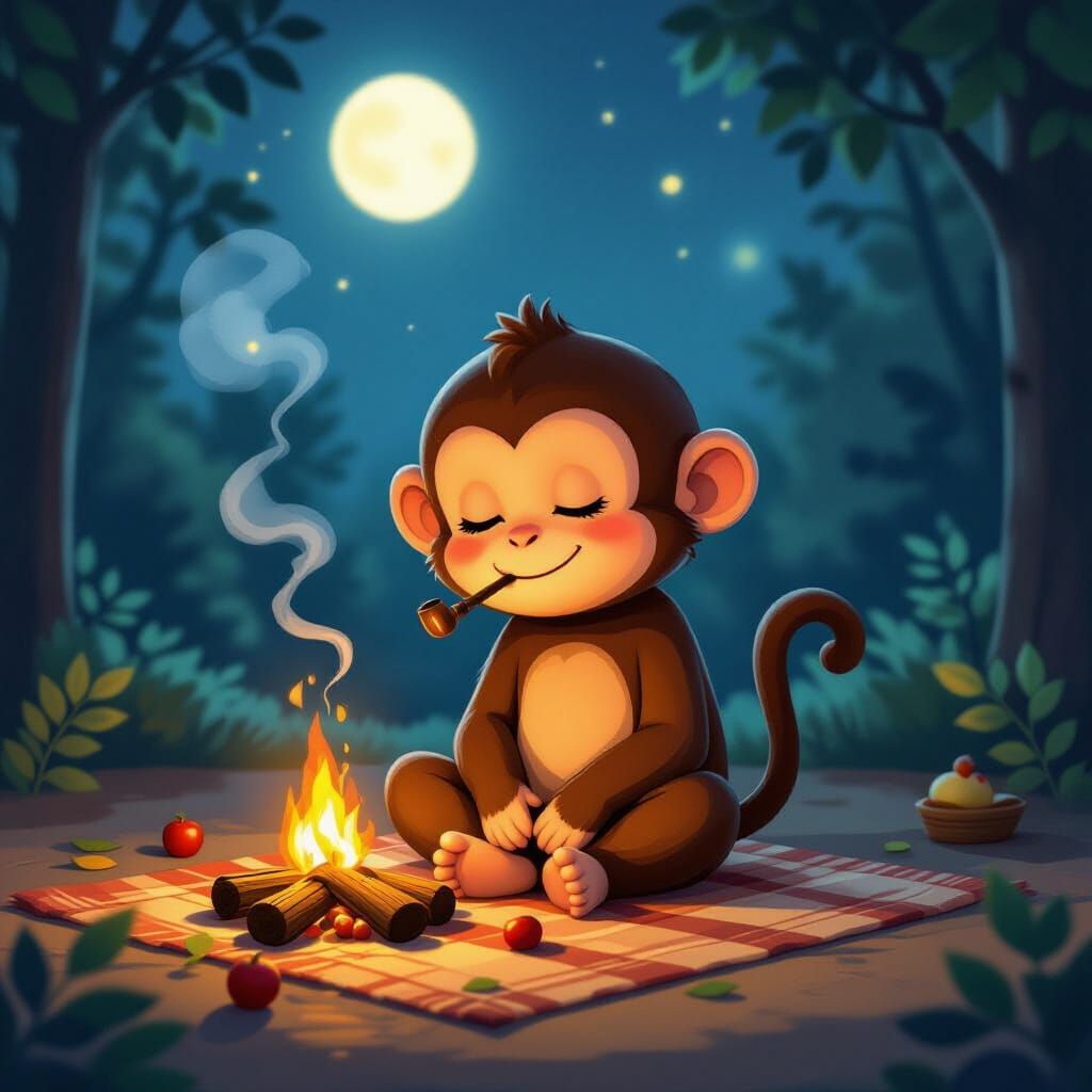 Serene Monkey Meditating by Campfire in Enchanted Forest