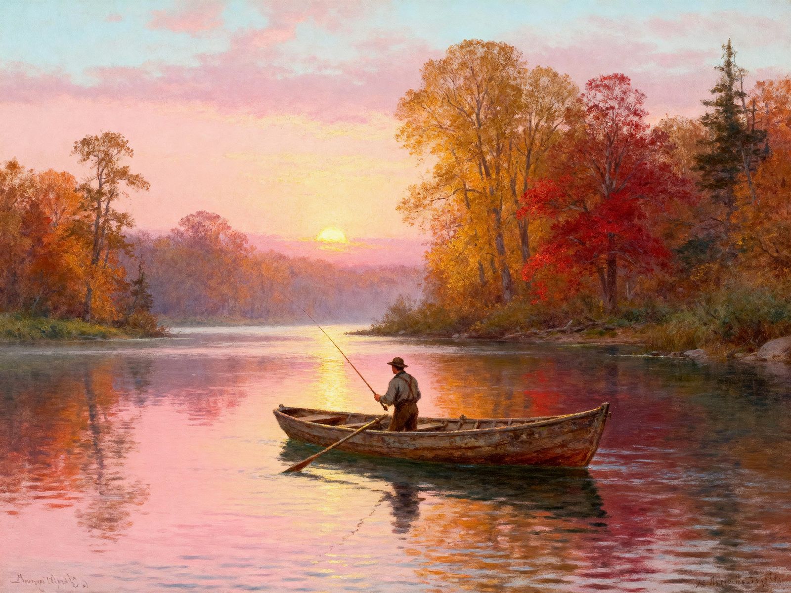 Fisherman in Boat at Sunrise Amidst Autumn Trees