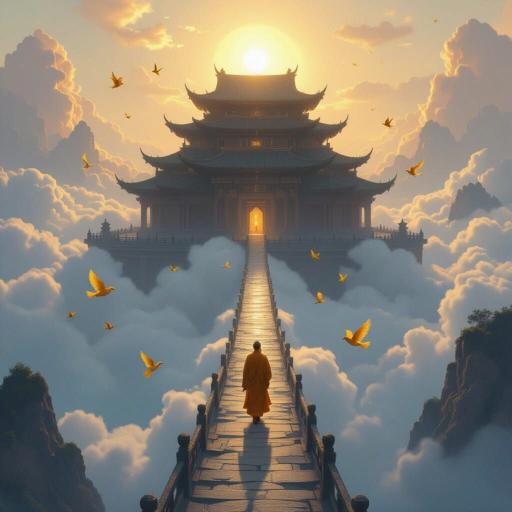 Floating Ancient Temple Amidst Clouds