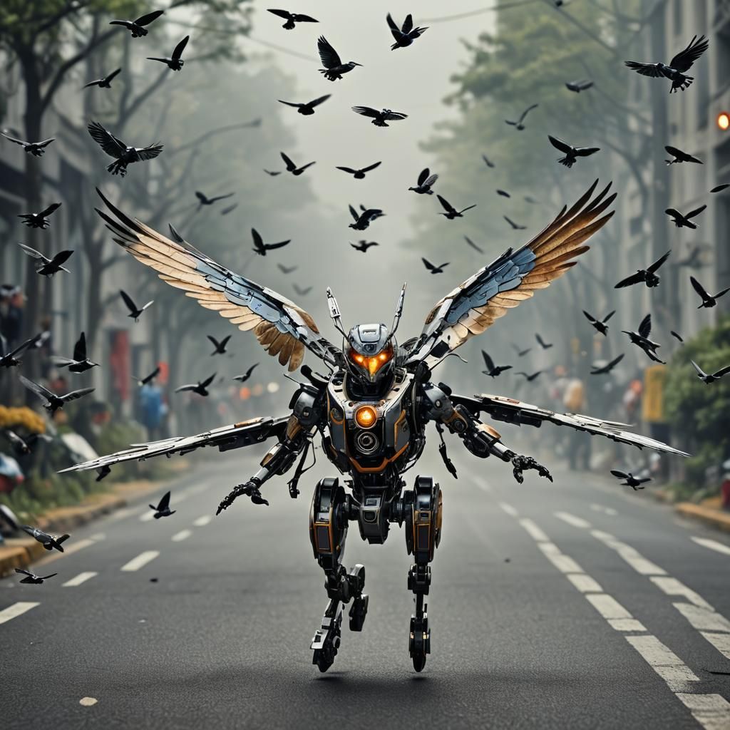 Robot-Winged Bird Wins Race in Hyperrealistic Style