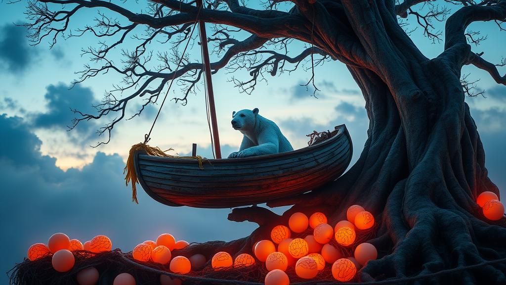 Surreal Polar Bear in Tree with Glowing Orbs