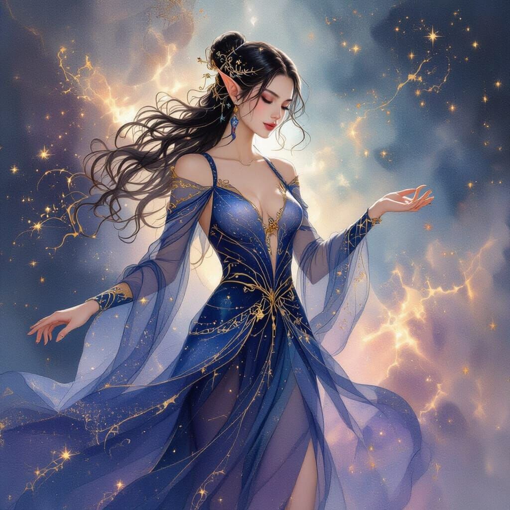 Elven Woman in Nebula Watercolor Painting