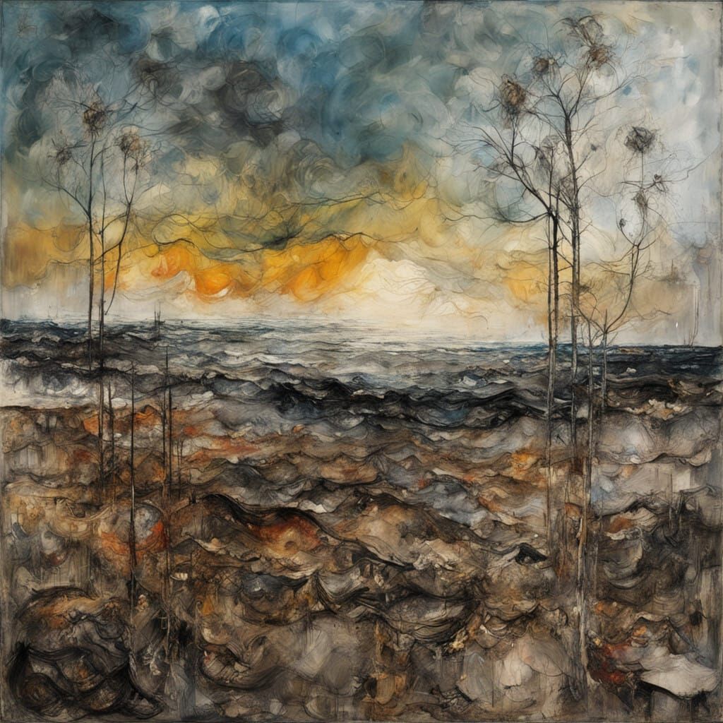 Vibrant Ocean Sunrise in Melted Metal and Ink