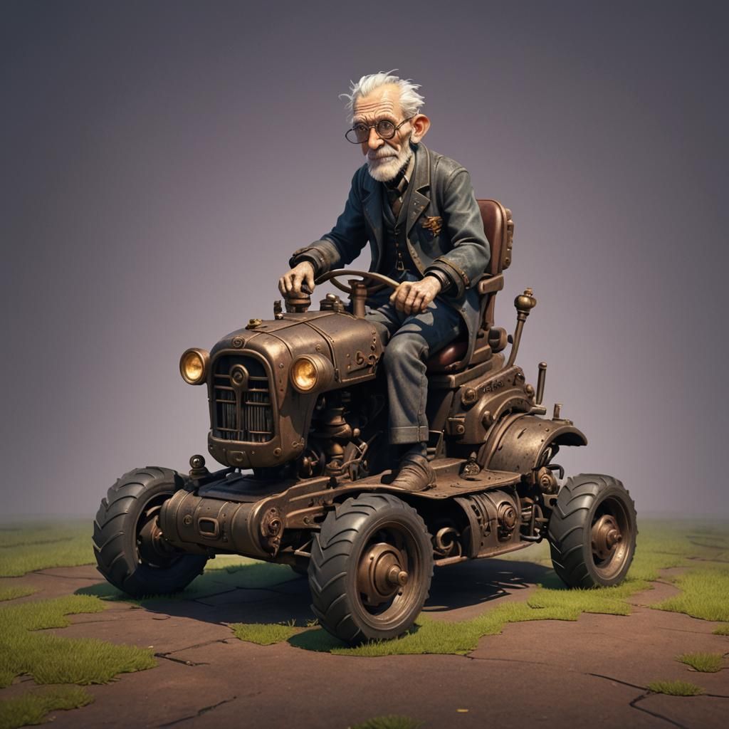 Steampunk Old Man on Riding Lawnmower: Pixar Style