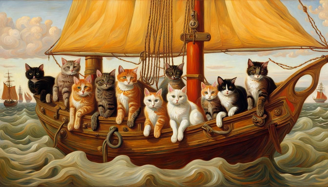 Cats Sailing Ship in Autumn Landscape