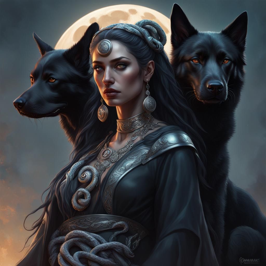 Hecate Portrait with Black Dogs, Hyperrealistic Art