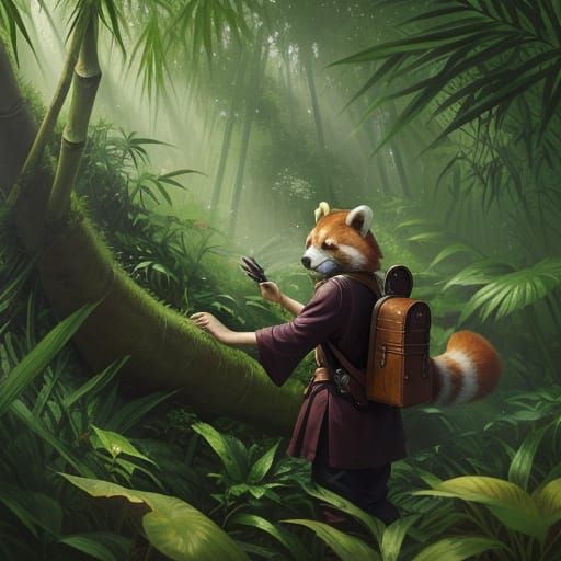 Red Panda Explorer in Ethereal Bamboo Jungle Oil Painting