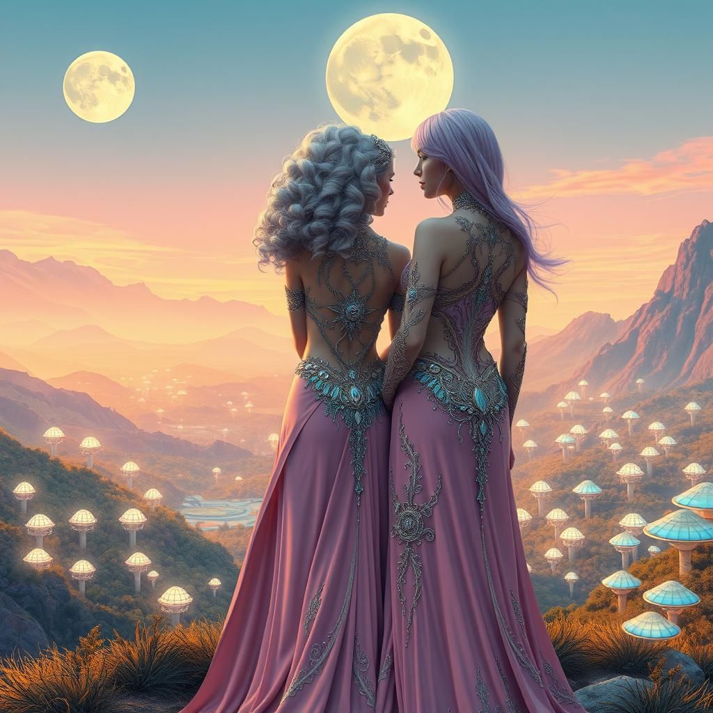 Elegant Women on Alien Planet in Fantasy Style