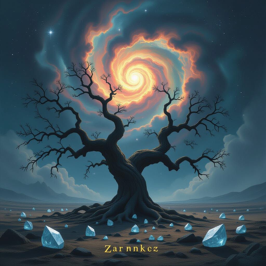 Ancient Cosmic Tree on Windswept Plain