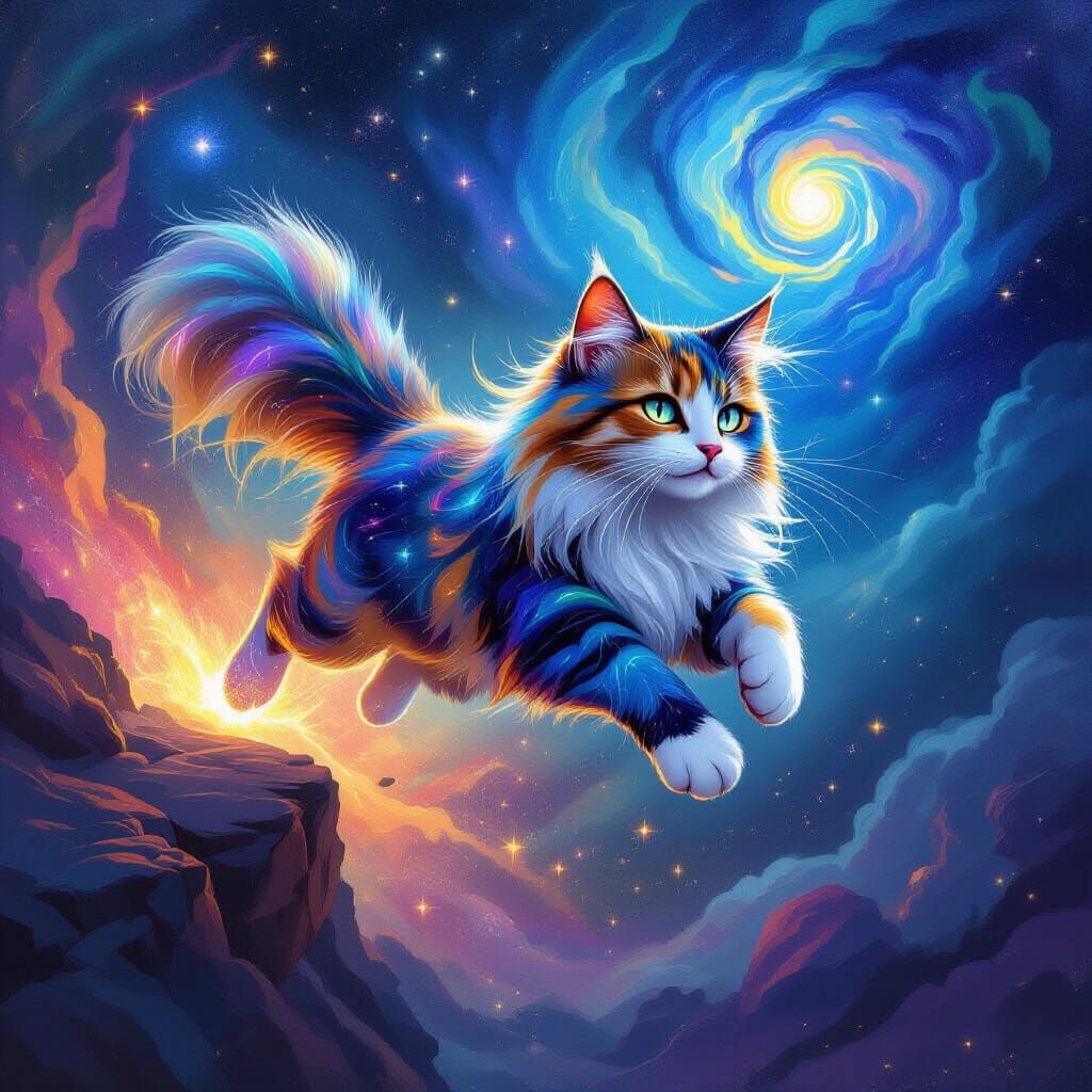 Celestial Cat Leaps Across Nebula in Painterly Style
