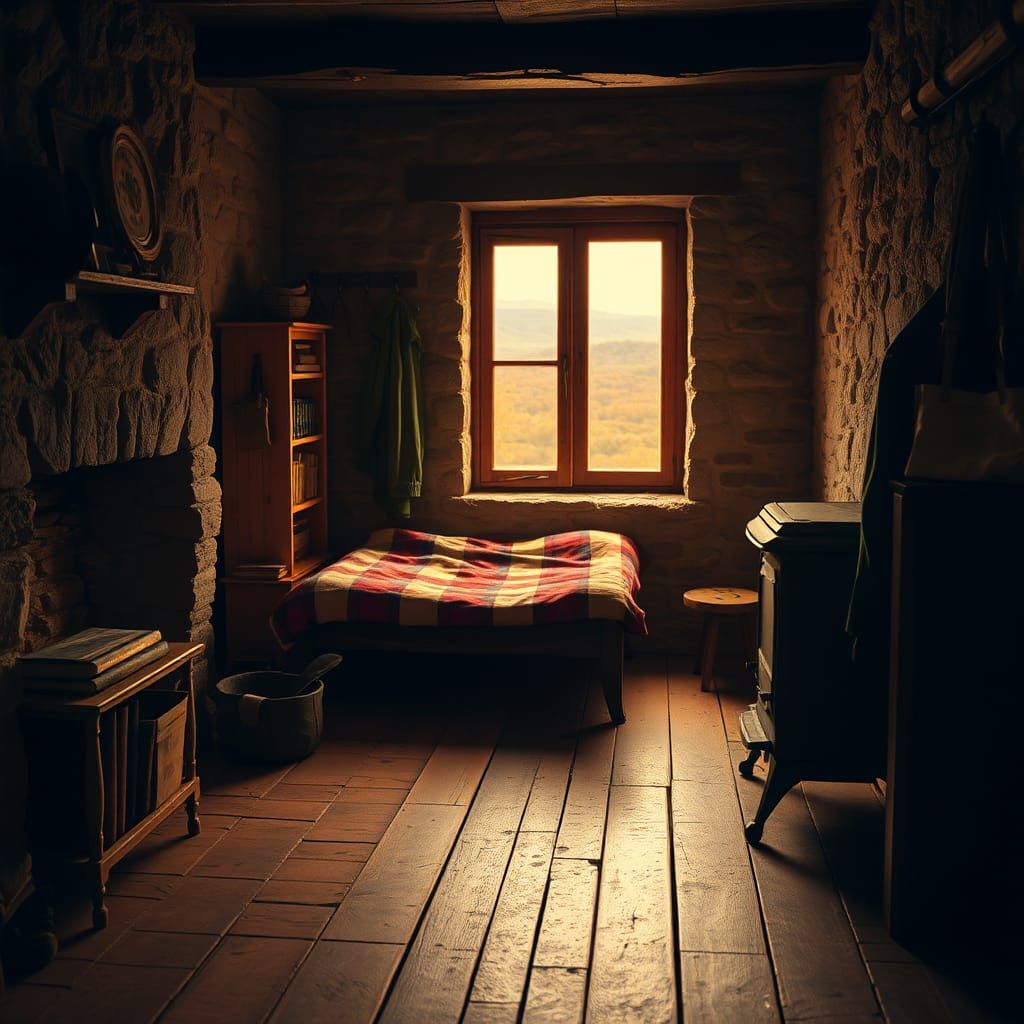 Rustic Room with Autumn View, Cinematic Film Style