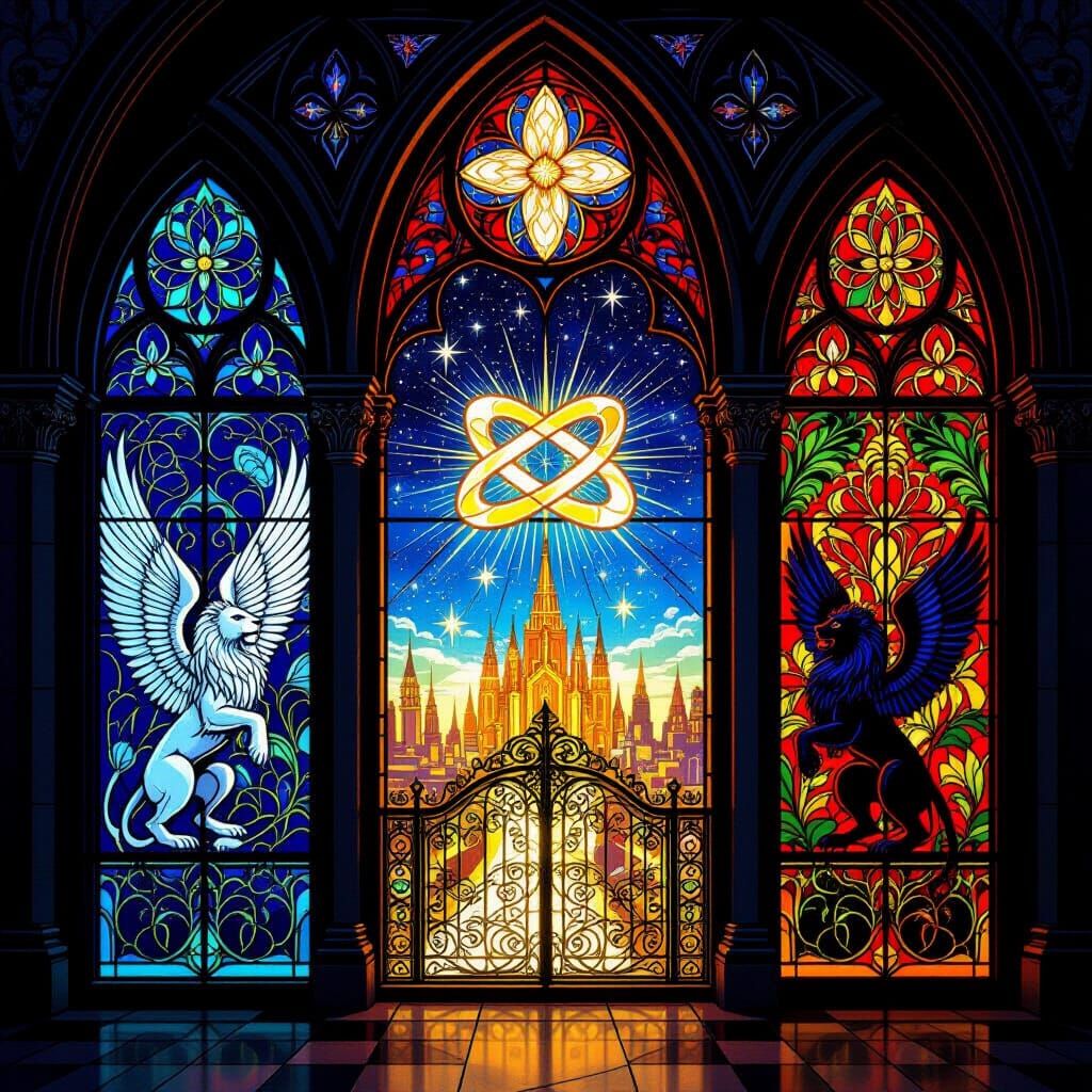 Stained Glass Triptych: Radiant City Under Starry Sky