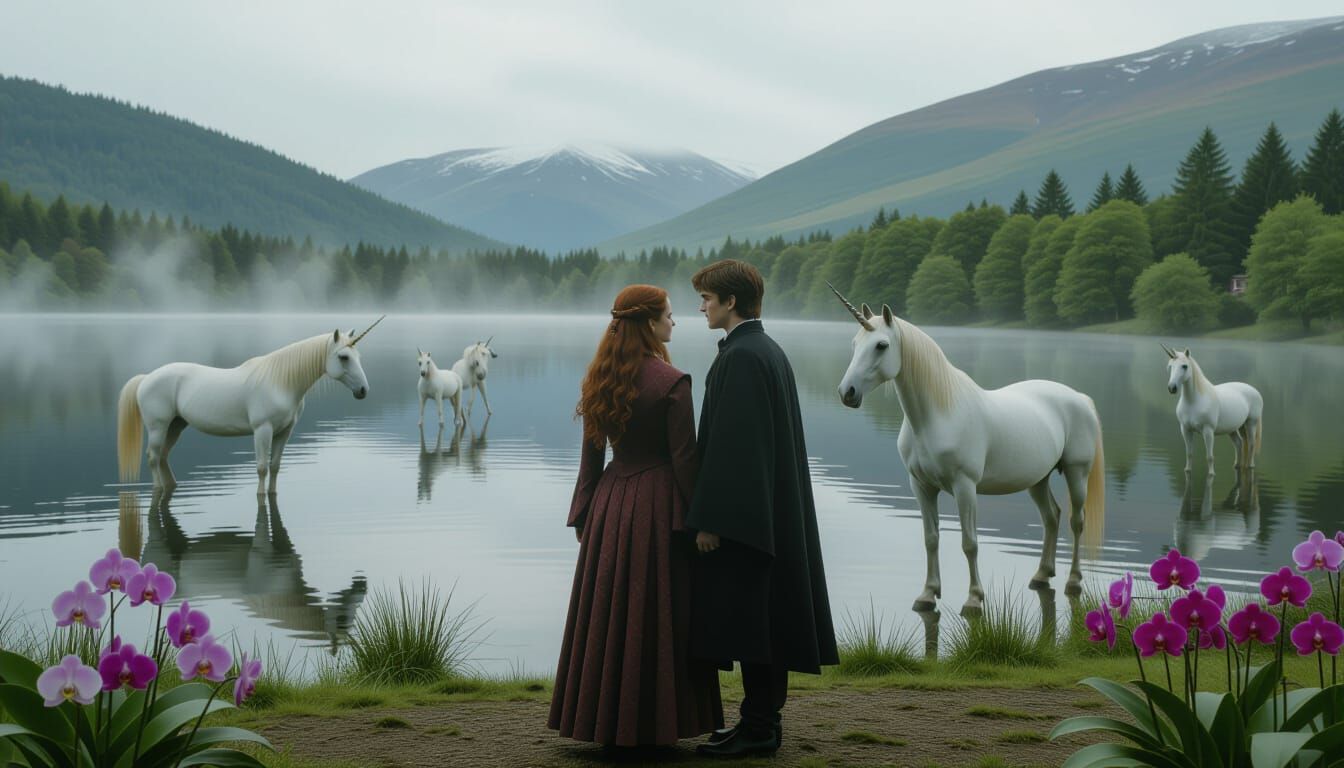 Ginny, Harry, and Unicorns in Dreamlike Fairytale Scene
