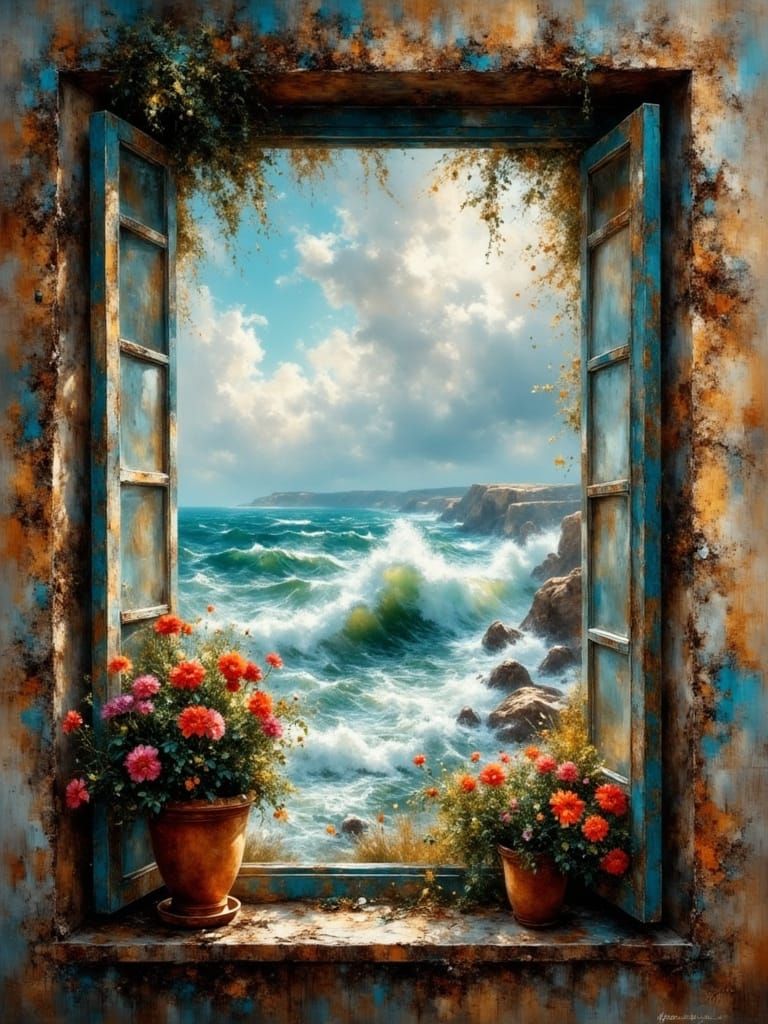 Stormy Seascape View Through Rustic Window