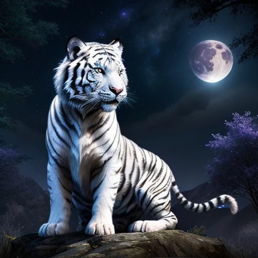 Fantasy White Tiger Under Starry Night Sky