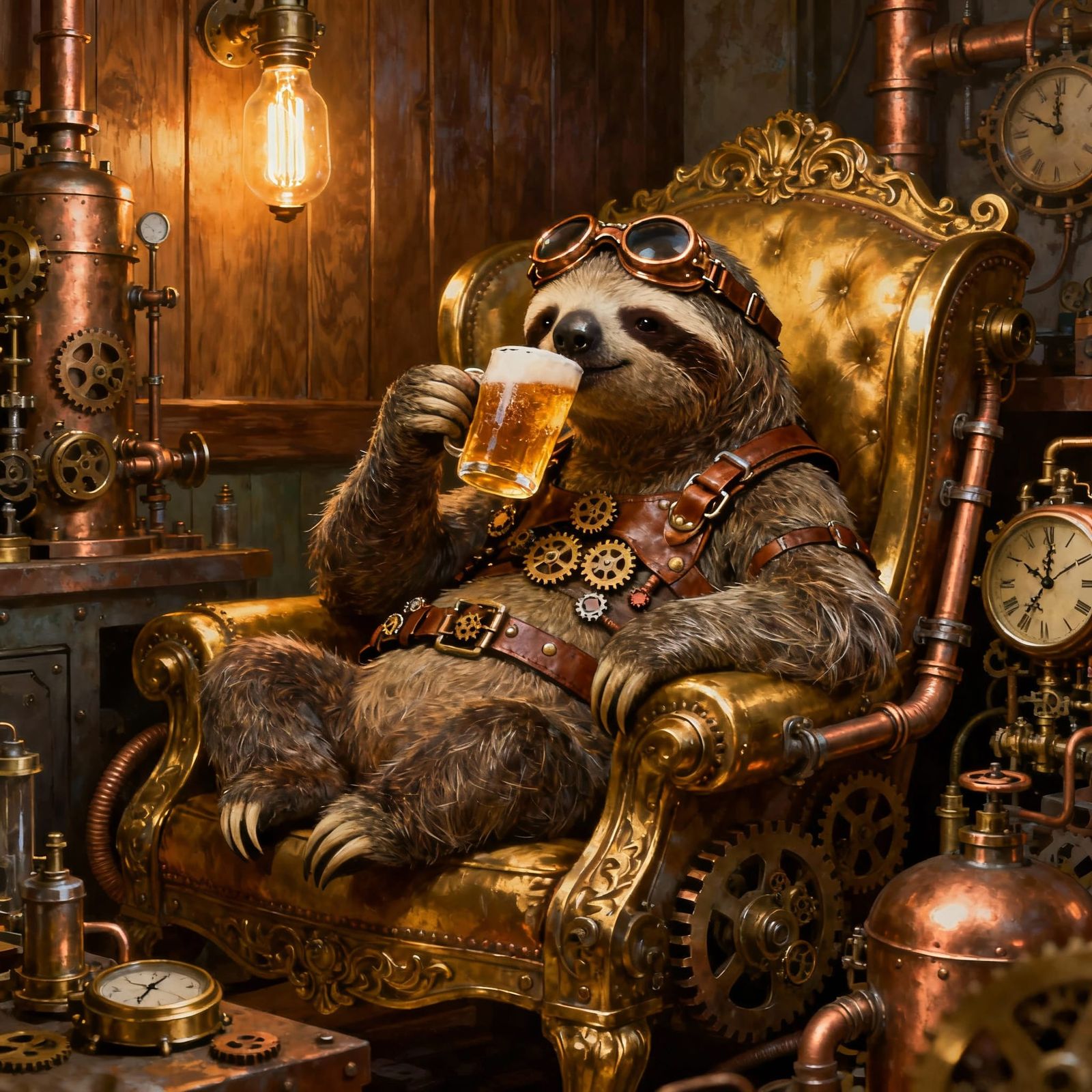 Steampunk Sloth Lounging in Victorian Workshop
