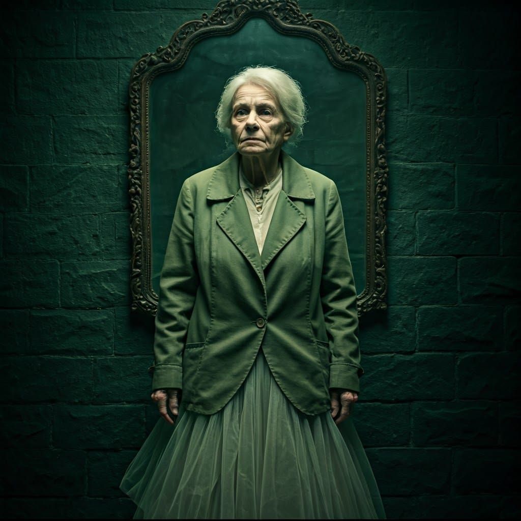 Mysterious Woman in Green Room: Cinematic Still