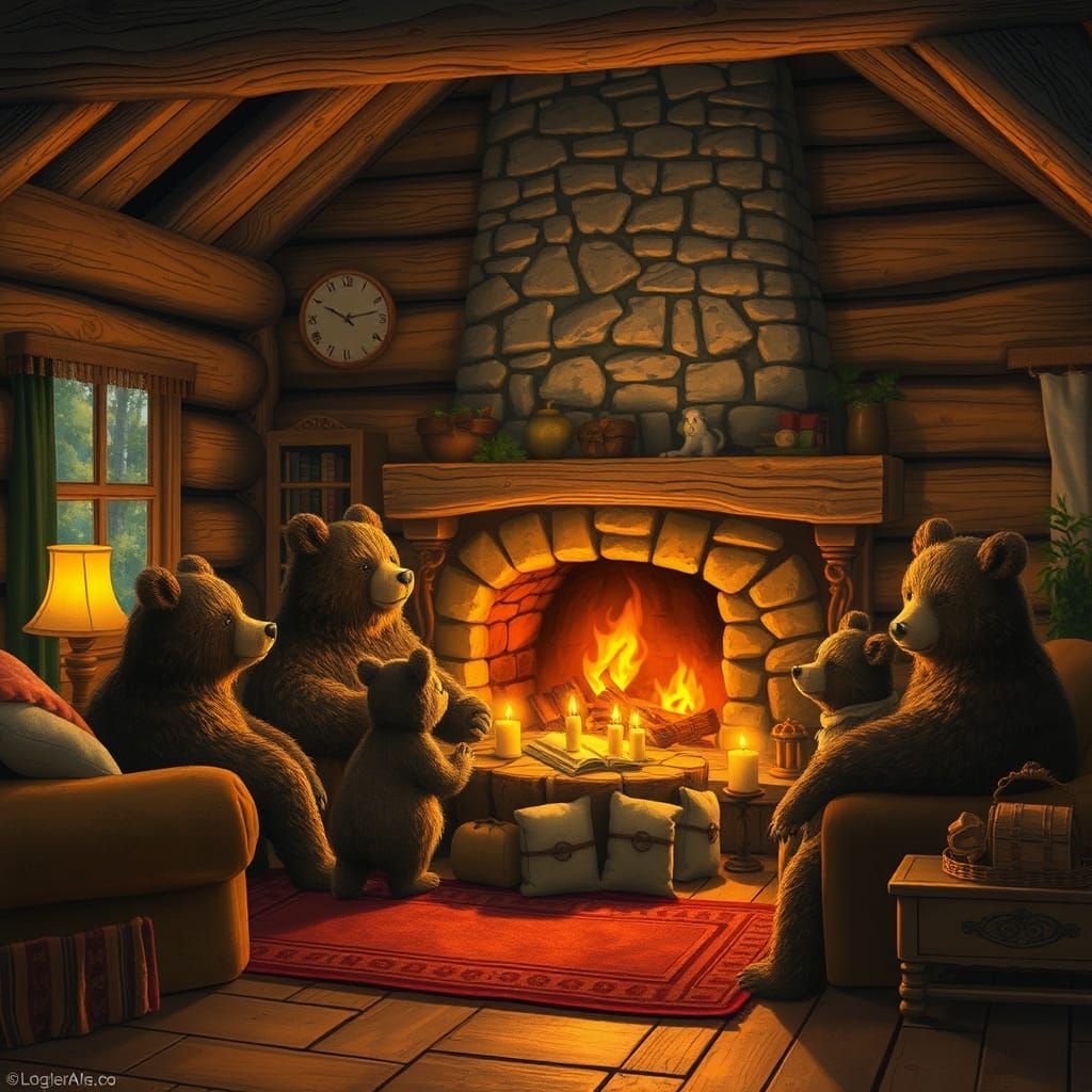 Bear Family in Cozy Cabin, Disney Folk Art
