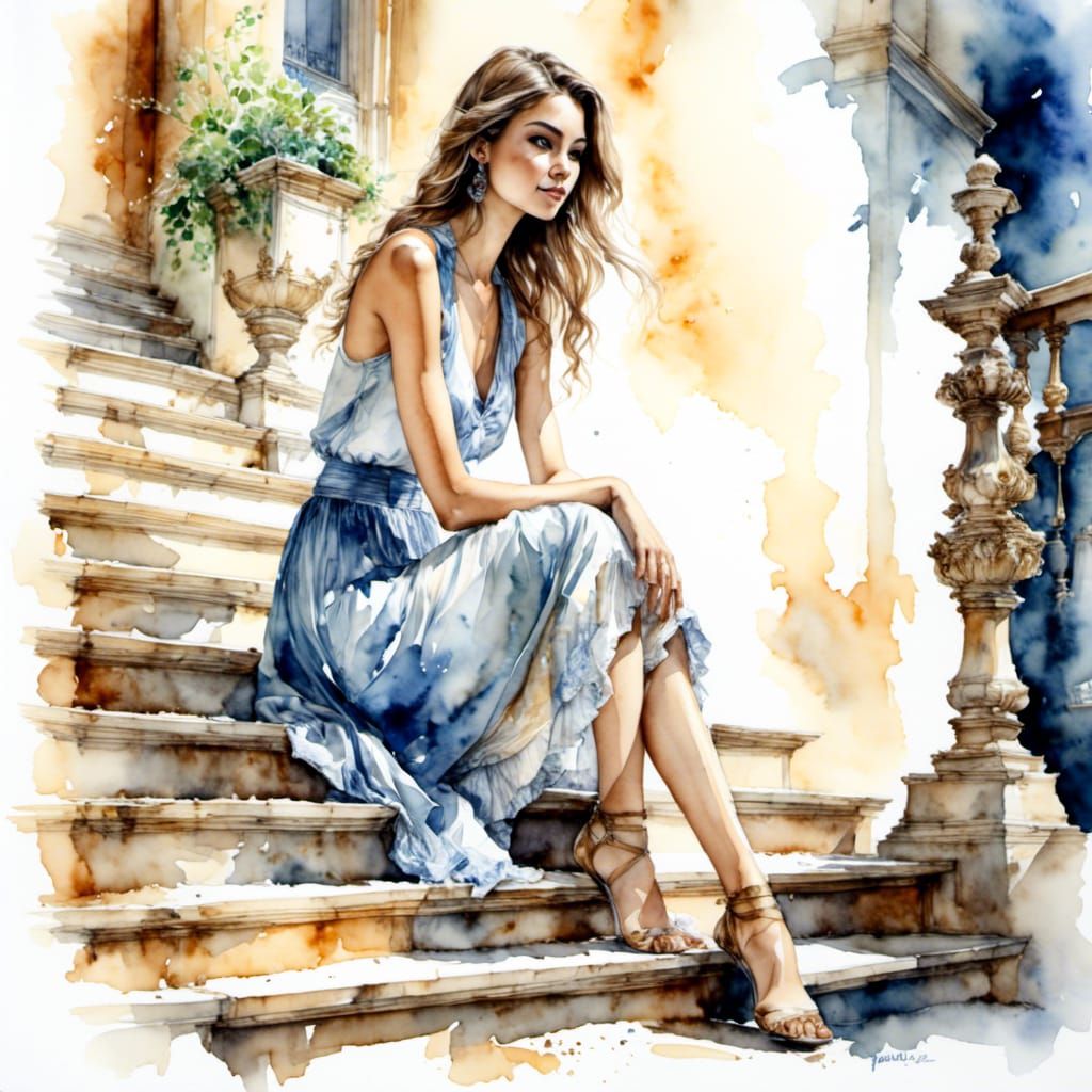 Watercolor Portrait of Young Woman on Staircase