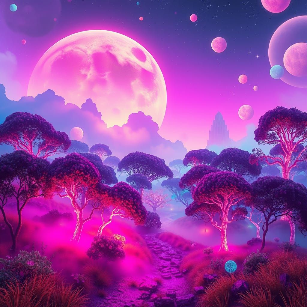 Cyberpunk Landscape with Neon Trees and Mist