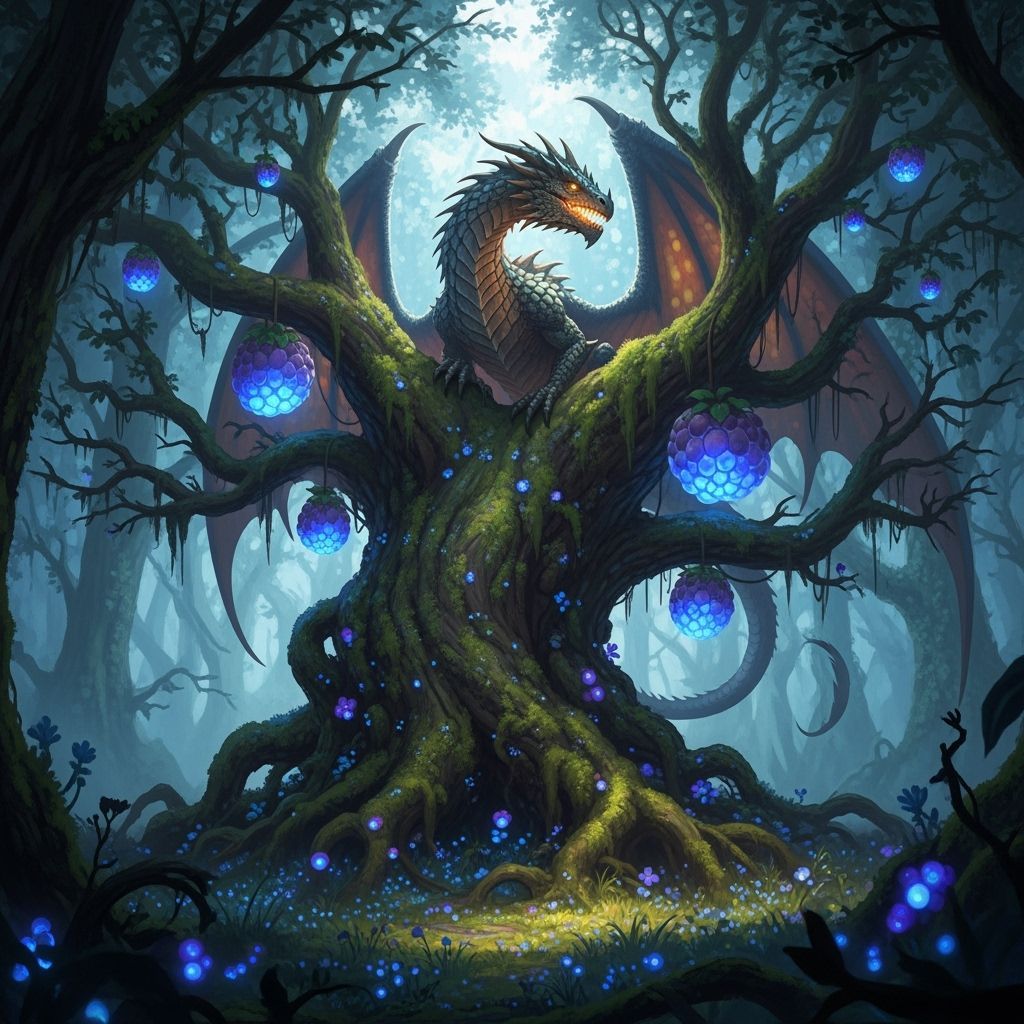 Dragon Perched on Ancient Tree in Mystical Forest