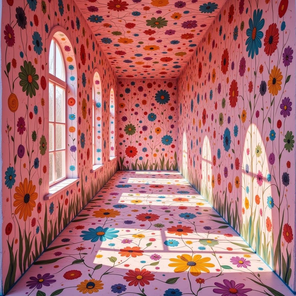 Vibrant Floral Hallway in Whimsical Artistic Style