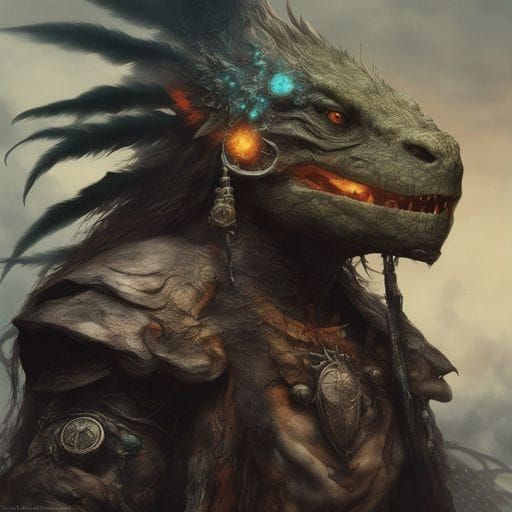 Lizardman Shaman with Glowing Spellsword in Dark Fantasy