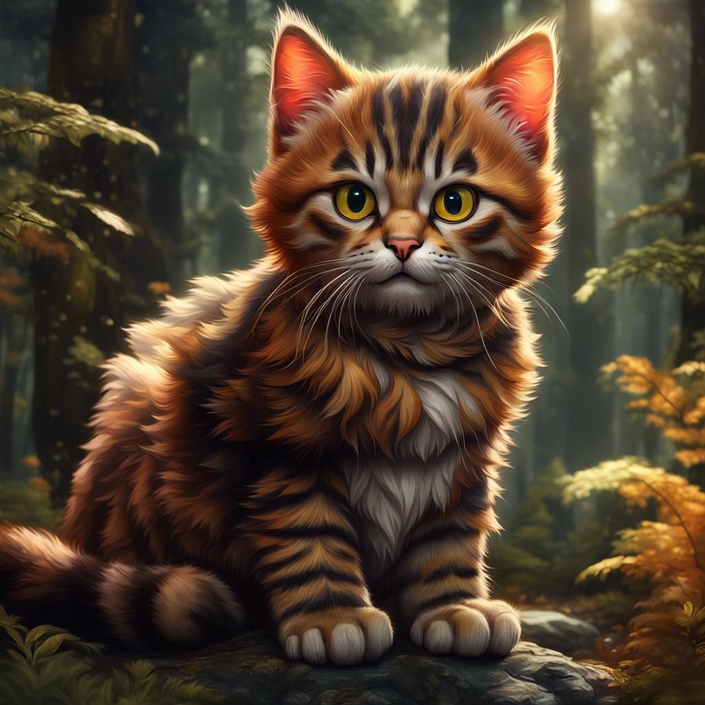 Cute Tabby Kitten in Forest: Fantasy Concept Art