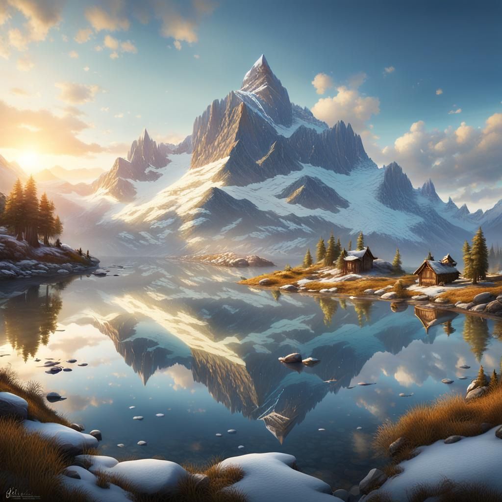 Snow Mountain Reflected in Lake, Cinematic Lighting