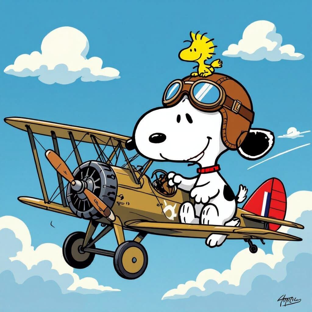 Snoopy as Flying Ace Fights Red Baron with Woodstock