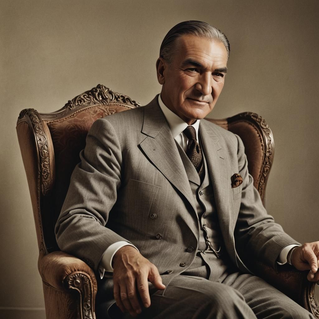 Atatürk Smiling in Ornate Chair, Cinematic Portrait
