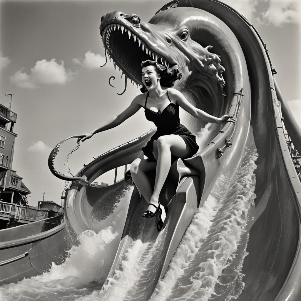 Surreal Pinup Model Rides Waterslide into Squid