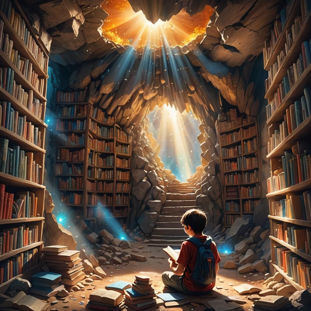 Enchanted Cave Library with Children Reading