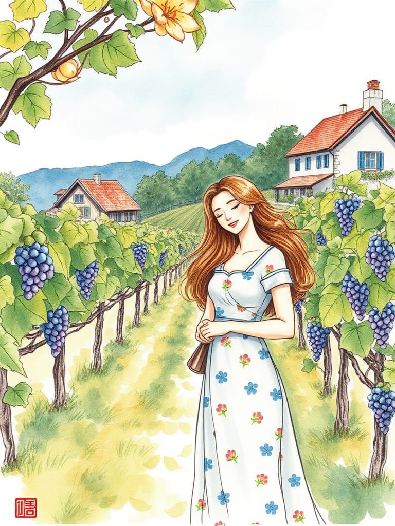 Lady in Vineyard Bliss, Sumi-E Watercolor